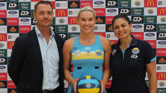 Gold Coast Titans Netball launch schools competition. Pictured (L-R): Steve Mitchell, Lily Gray, Temepara Bailey