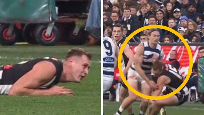 Tom Stewart's bump on Nathan Kreuger. Photos: Fox Sports