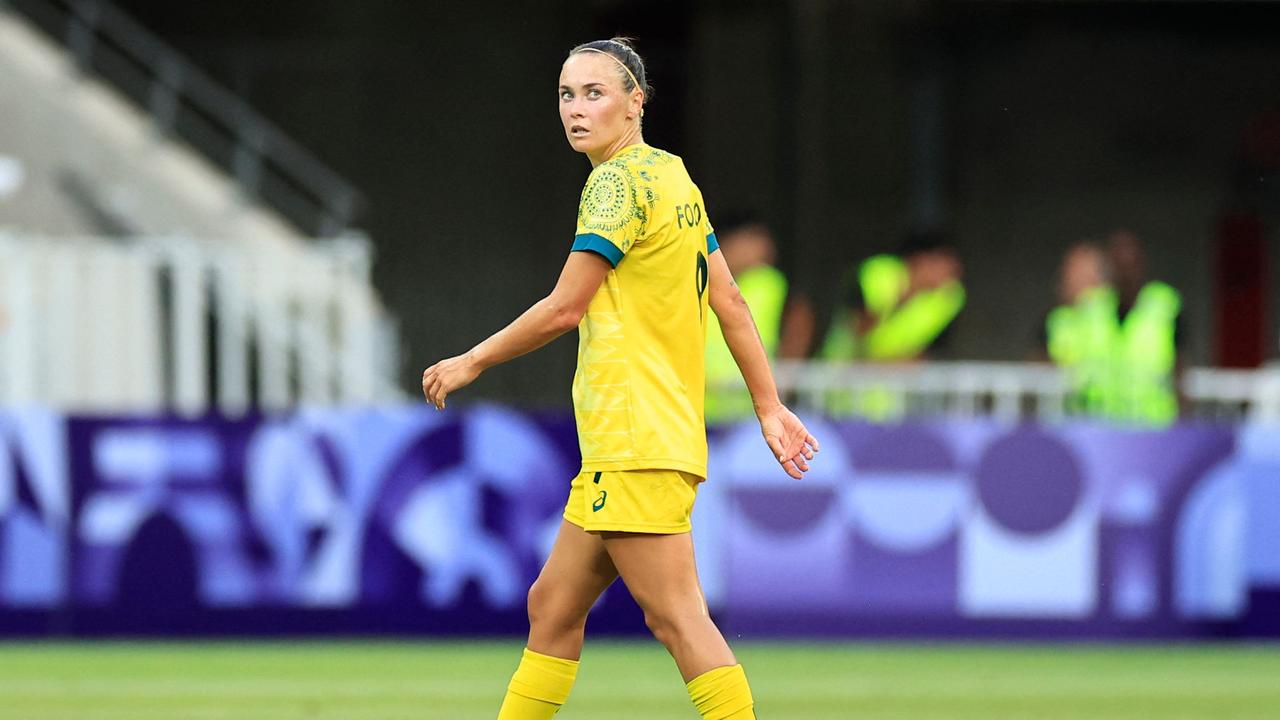 Australia's forward #09 Caitlin Foord reacts after her goal was disallowed in the women's group B football match between Australia and Zambia during the Paris 2024 Olympic Games at the Nice Stadium in Nice on July 28, 2024. (Photo by Valery HACHE / AFP)