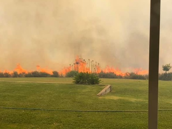 Fire came within frighteningly close to Angus Campbell's Woodside home. He chose to stay and fight and has credited his bushfire action plan - which included soaking his house with sprinklers - for helping him "dodge a bullet". Picture: Angus Campbell