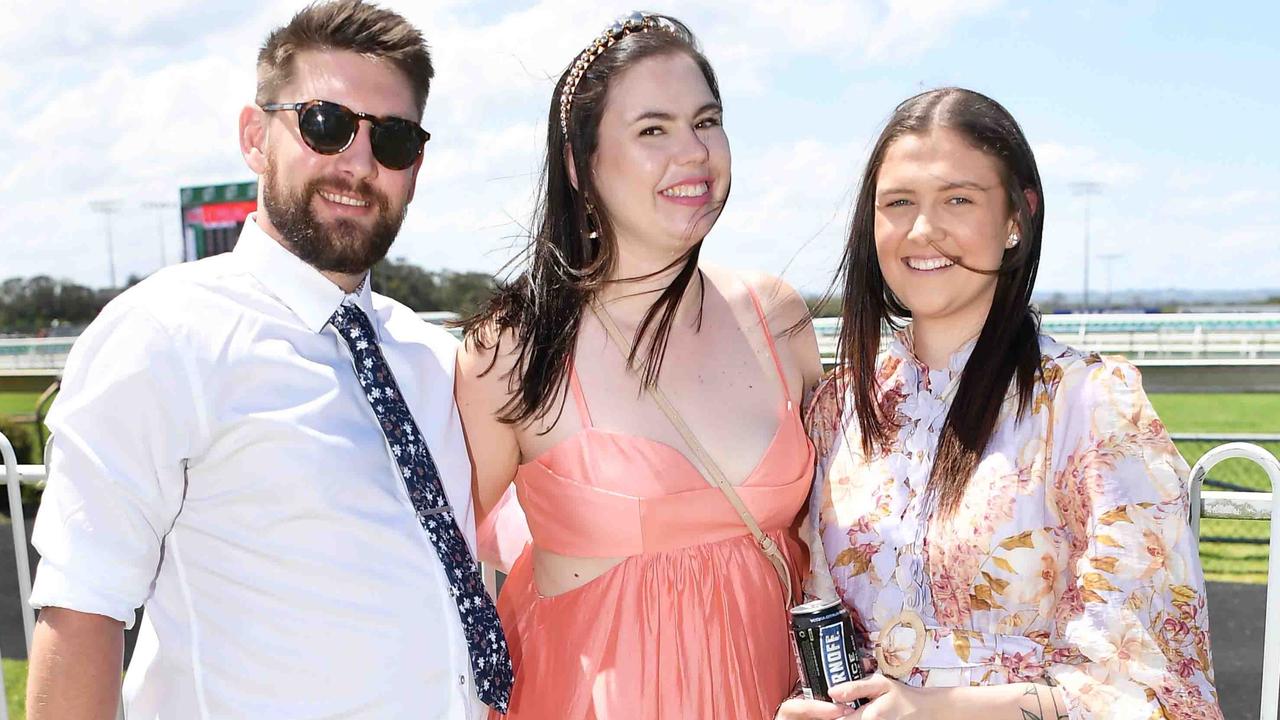 Shaun Scott, Charlotte Nielsen and Cheyenne Haley at the Mooloolaba Cup, Sunshine Coast Turf Club. Picture: Patrick Woods.