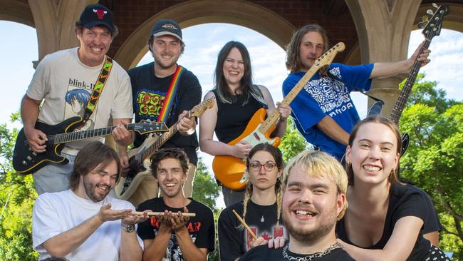 Sickest 100 band members and organisers at Adelaide Uni Bar L-R top Jamie Selway (Lickity Split),Daniel Ninnes (Weekend Rage),Bianca Hendy (Lickity Split),Seb Reyes (LOLA) ,Bottom -Max Bowen (LOLA),Georgie Evan's (Molly Rocket)Mitchell Steager(LOLA)Dan Steinert (Towns),organisers Ripley Hart and Millah Hansberry and Trae Freeman (Molly Rocket) .Tuesday,February,4,2025.Picture Mark Brake