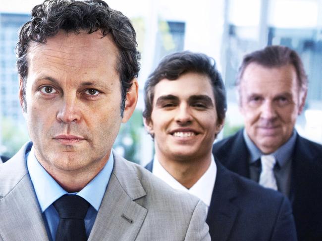 Vince Vaughn poses up in hilariously bad office stock images to promote his new movie Unfinished Business also starring Dave Franco. Picture: iStock/Getty Caption: "Portrait of a handsome business leader crossing his arms with his team standing behind him."