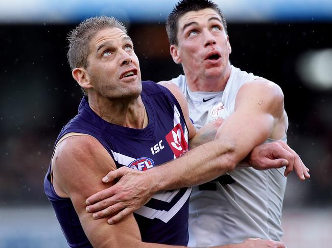 PERTH, WESTERN AUSTRALIA - MAY 21:  Aaron Sandilands of the Dockers contests a ruck with Matthew Kreuzer of the Blues during the round nine AFL match between the Fremantle Dockers and the Carlton Blues at Domain Stadium on May 21, 2017 in Perth, Australia.  (Photo by Will Russell/AFL Media/Getty Images)