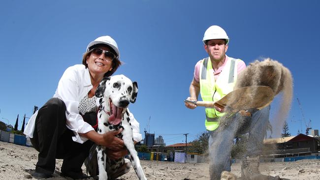 Dog owner Michiy Tanabe with her Dalmatio Juibay with Andy Baxter from Condev Constructions at the site. Photograph: Jason O'Brien