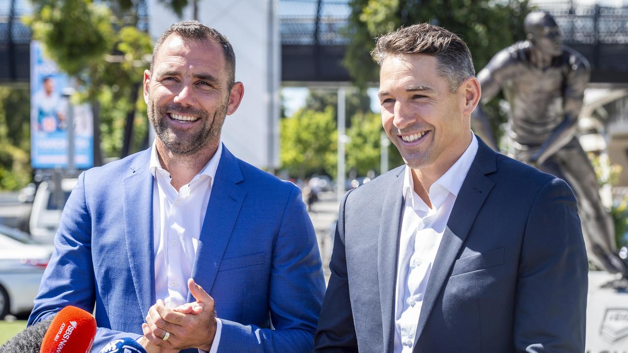 Melbourne Storm legends Cameron Smith and Billy Slater at the unveiling of their bronze statues at AAMI Park. Picture: Jake Nowakowski