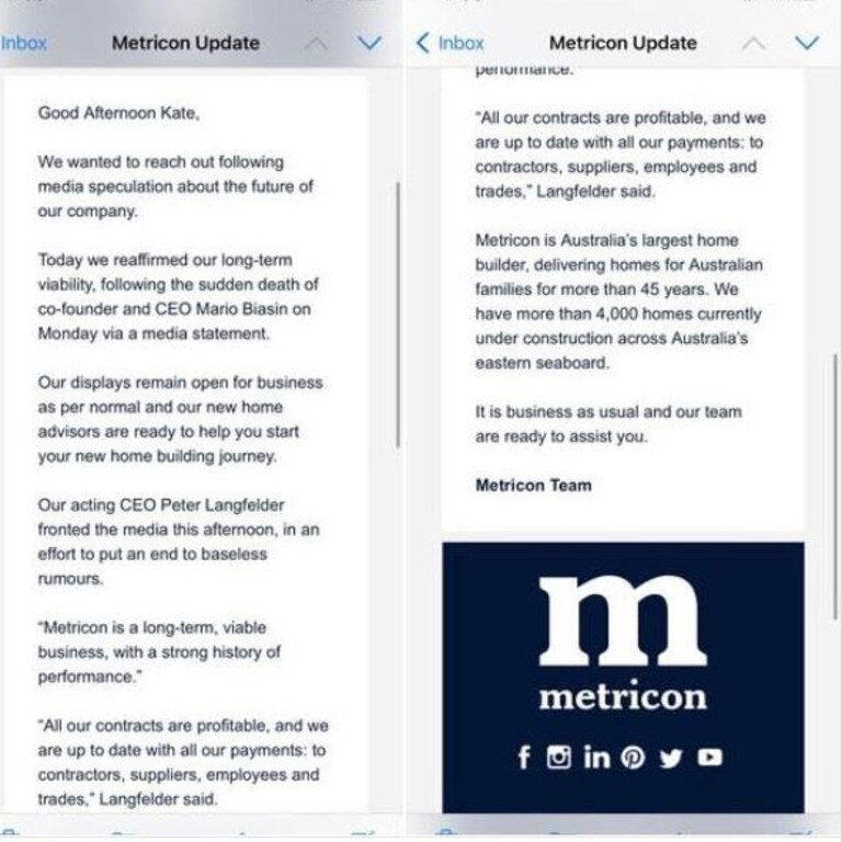 The email was sent to Metricon customers yesterday. Picture: Supplied