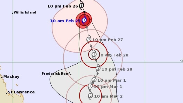 Severe Tropical Cyclone Alfred is expected to reach a category four system on Friday before it weakens on the weekend. Image: Bureau of Meteorology.