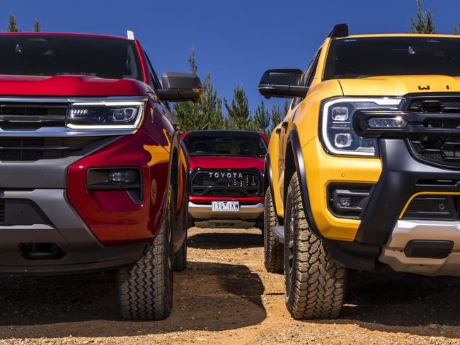 2023 Toyota HiLux GR, Ford Ranger Wildtrak X, Volkswagen Amarok PanAmericana comparison test. Photo: Mark Bean