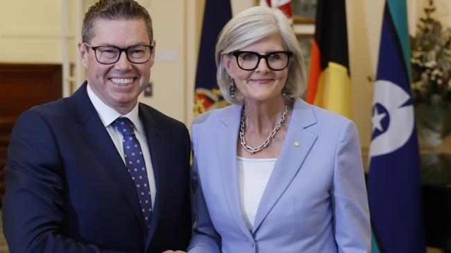 CANBERRA, AUSTRALIA - MAY 13: Minister for Defence Industry and Pacific Island Affairs Pat Conroy shakes hands with Governor-General Sam Mostyn during a swearing-in ceremony at Government House on May 13,