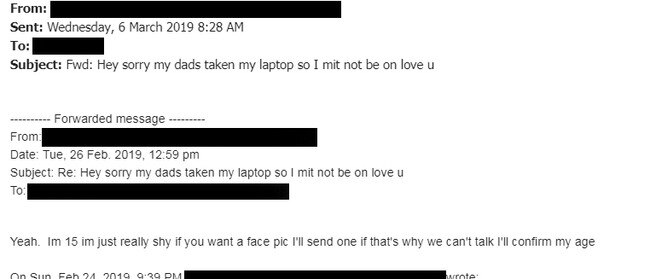 A sample of the emails  sent from a  13-year-old Australian girl to a  suspected paedophile shows the girl quizzed the person about their age.
