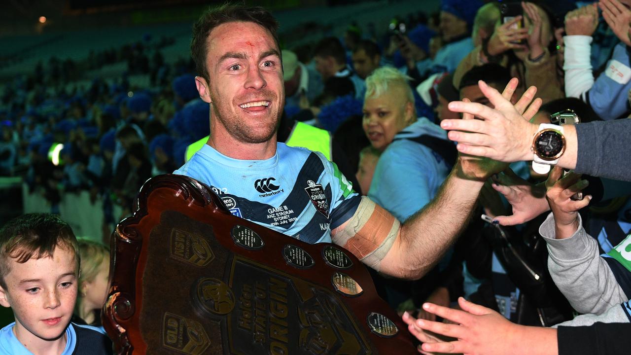 James Maloney celebrates winning State of Origin in 2019.