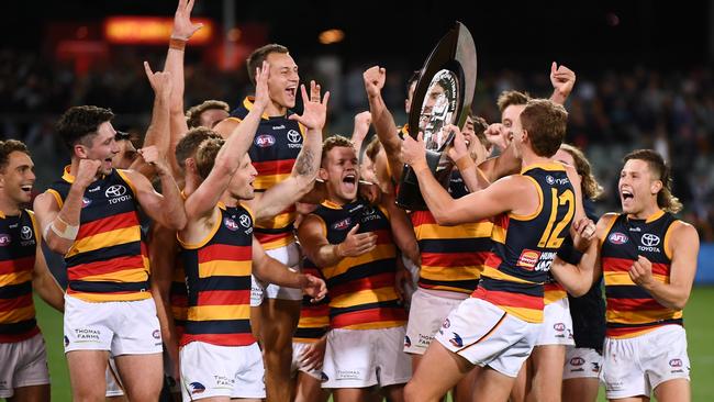 The Crows celebrate their Showdown win earlier this season. (Photo by Mark Brake/Getty Images)