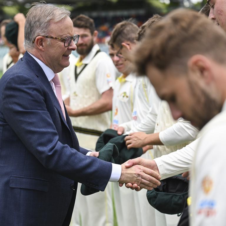 Anthony Albanese presents the PM’s XI with their caps last year. Picture: NCA NewsWire / Martin Ollman