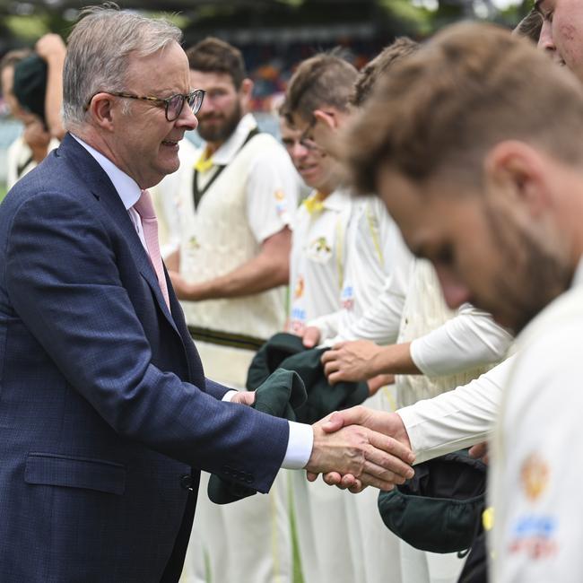 Anthony Albanese presents the PM’s XI with their caps last year. Picture: NCA NewsWire / Martin Ollman