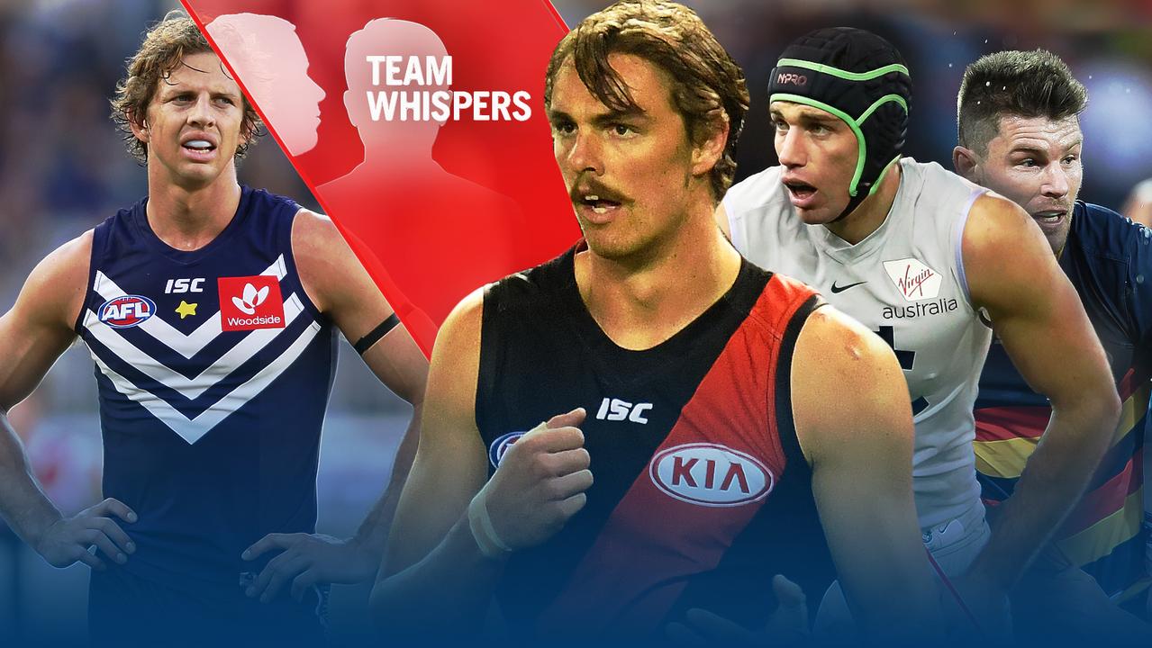 AFL Team Whispers for Round 5, including Nat Fyfe (Fremantle), Joe Daniher (Essendon), Matthew Kreuzer (Carlton) and Bryce Gibbs (Carlton).