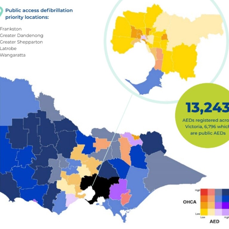 Public AEDs availability and out of hospital cardiac arrest rates. Source: Ambulance Victoria, 2023-2023,