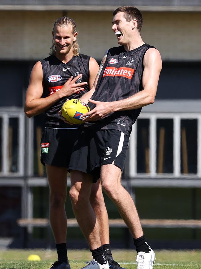 Mason Cox and Tom Wilson have a laugh at Collingwood training. Picture: Michael Klein.