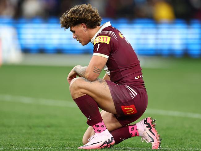 MELBOURNE, AUSTRALIA - JUNE 26: Reece Walsh of the Maroons looks dejected after a loss following game two of the men's State of Origin series between New South Wales Blues and Queensland Maroons at the Melbourne Cricket Ground on June 26, 2024 in Melbourne, Australia. (Photo by Quinn Rooney/Getty Images)