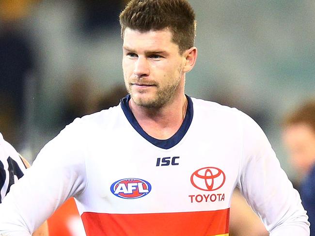 MELBOURNE, AUSTRALIA - JUNE 16:  Bryce Gibbs of the Crows walks off at half time during the round 13 AFL match between the Hawthorn Hawks and the Adelaide Crows at Melbourne Cricket Ground on June 16, 2018 in Melbourne, Australia.  (Photo by Michael Dodge/Getty Images)