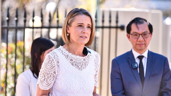 Labor Senator Kristina Keneally along with President of the Vientnamese Community in Australia Paul Nguyen speak to the media during a press conference at The Vietnamese Community Cultural Centre in Sydney. Picture: NCA NewsWire / Flavio Brancaleone