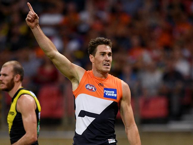 Jeremy Cameron of the Giants celebrates after kicking a goal during the Round 3 AFL match between the GWS Giants and Richmond Tigers at the Giants Stadium in Sydney, Saturday, April 6, 2019. (AAP Image/Dan Himbrechts) NO ARCHIVING, EDITORIAL USE ONLY