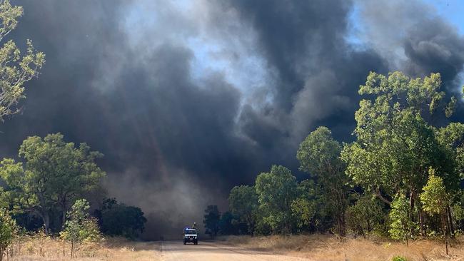 Close to 300 tonnes of old tyres illegally stored next to the Katherine Showgrounds went up in flames on Territory Day last year. Picture: NT Police, Fire and Emergency Services