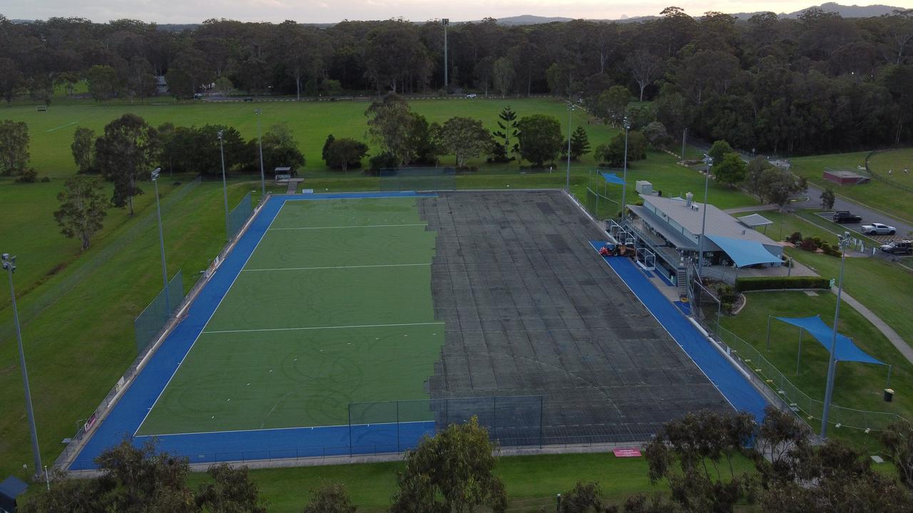 Scott Bakes has detailed the progress of Sunshine Coast Hockey's turf field replacement with drone photos and video. Picture: Scott Bakes