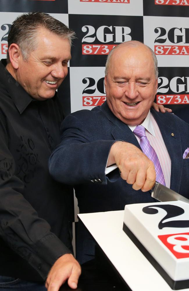 Ray Hadley and Alan Jones in 2014 when 2GB celebrated 10 years as the number one radio station in Sydney. Picture: Mark Evans