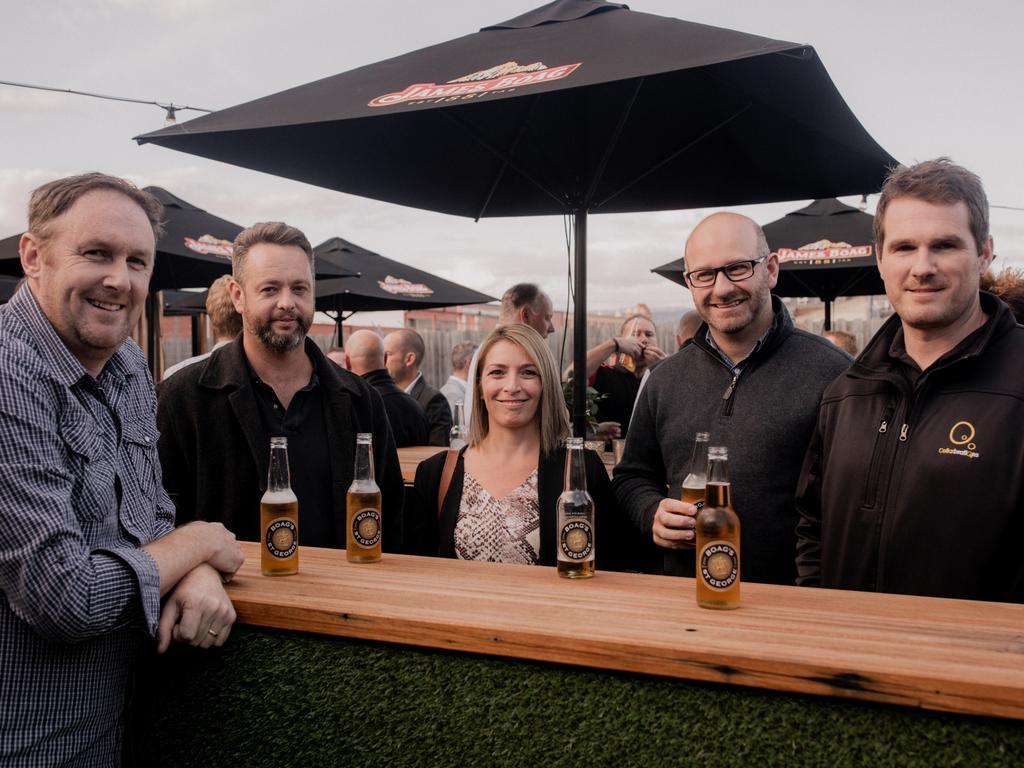 Glenn Fogarty, of Hobart, left, Rob Flynn, of Hobart, Teresa Ursino, of Hobart, Scott Saunders, of Launceston, and Matt Duggan, of Hobart. at the the relaunch of Boag’s St George beer. Picture: ROSIE HASTIE