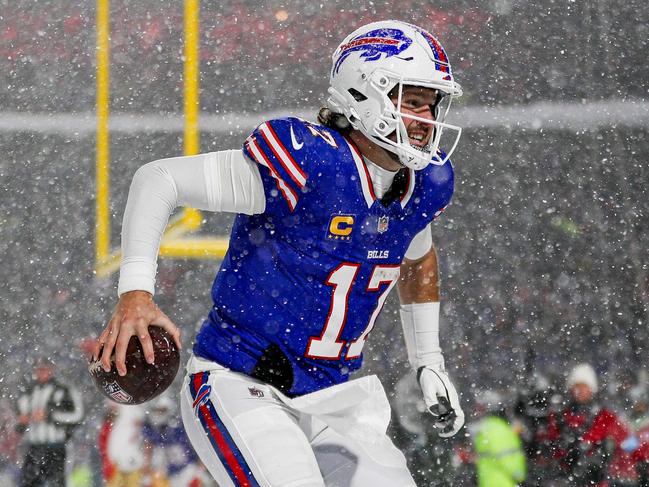 ORCHARD PARK, NEW YORK - DECEMBER 01: Josh Allen #17 of the Buffalo Bills celebrates after scoring a touchdown in the fourth quarter of a game against the San Francisco 49ers at Highmark Stadium on December 01, 2024 in Orchard Park, New York.   Bryan M. Bennett/Getty Images/AFP (Photo by Bryan M. Bennett / GETTY IMAGES NORTH AMERICA / Getty Images via AFP)