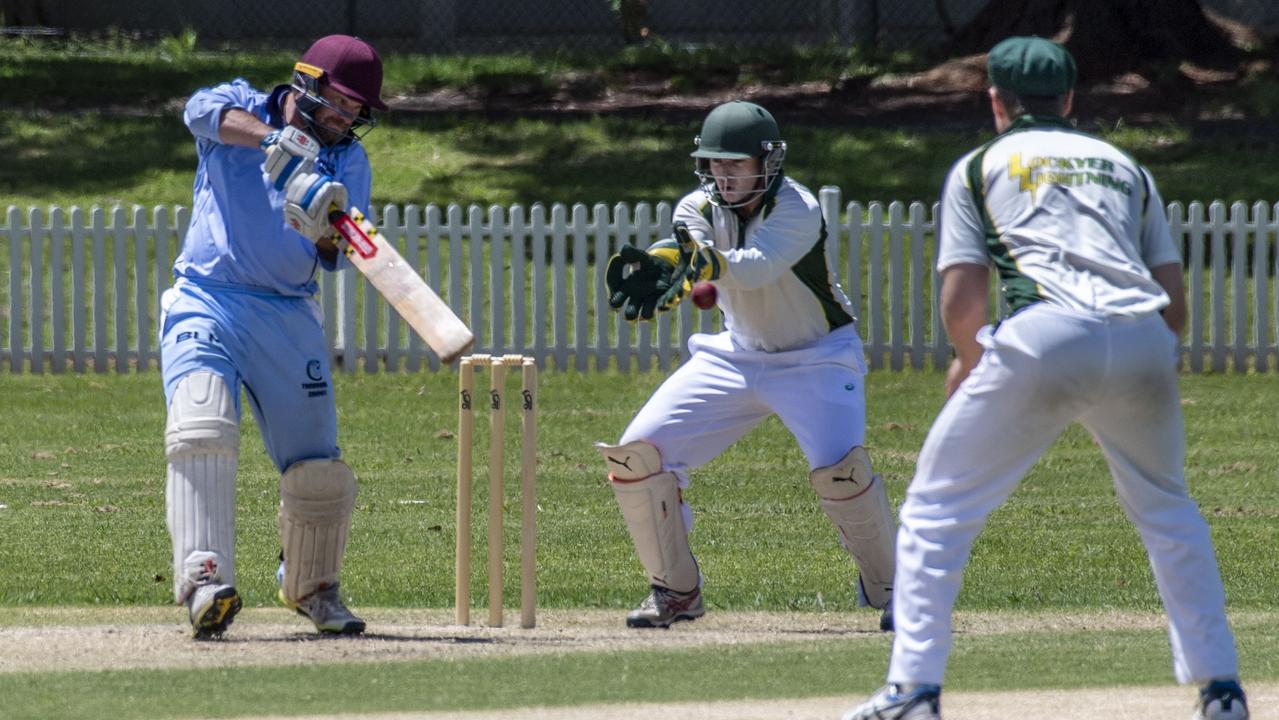 Nick Budden bats for Toowoomba. Mitchell Shield, Toowoomba vs Lockyer. Sunday, January 23, 2022. Picture: Nev Madsen.