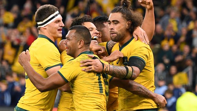 Kurtley Beale celebrates scoring for the Wallabies in their big win over the All Blacks in Perth. Picture: AAP