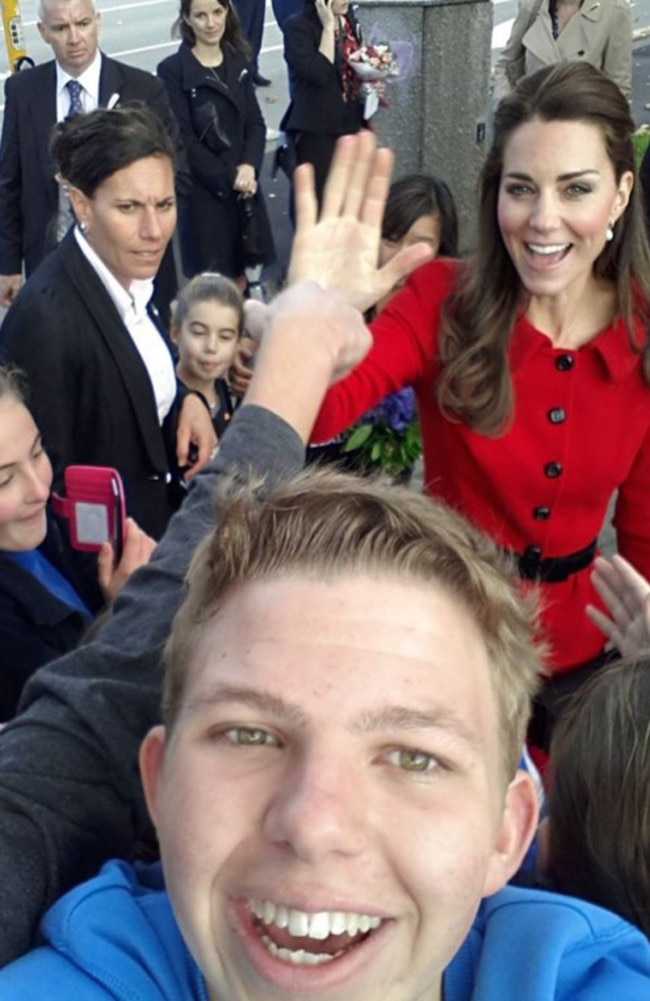 An unnamed teenager from New Zealand takes a selfie during William and Kate's visit to Christchurch. Picture: Twitter.