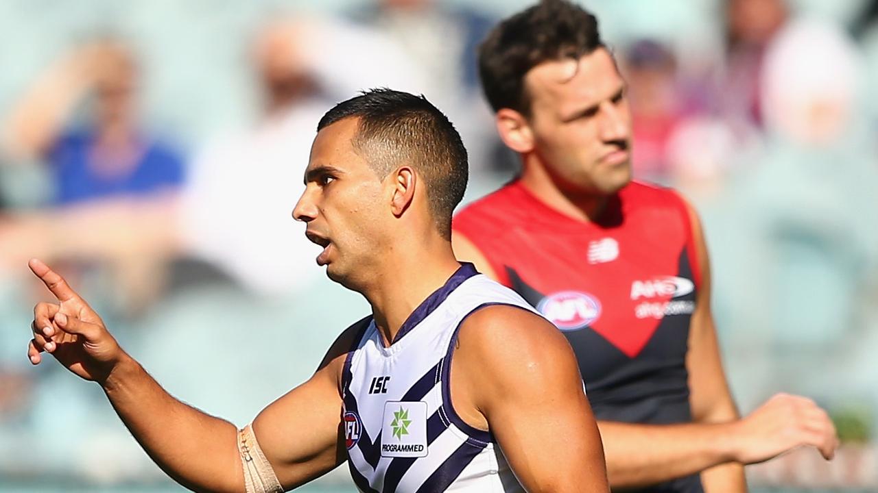 MELBOURNE, AUSTRALIA - MAY 03: Danyle Pearce of the Dockers celebrates after scoring a goal during the round five AFL match between the Melbourne Demons and the Fremantle Dockers at the Melbourne Cricket Ground on May 3, 2015 in Melbourne, Australia. (Photo by Robert Cianflone/Getty Images)