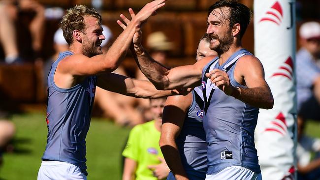 Jack Watts and Charlie Dixon celebrate a goal. Picture: AFL Media