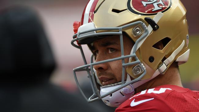 Hayne looks on from the sidelines during a match against the St Louis Rams at Levi’s Stadium on January 3, 2016. Picture: Thearon W. Henderson/Getty Images
