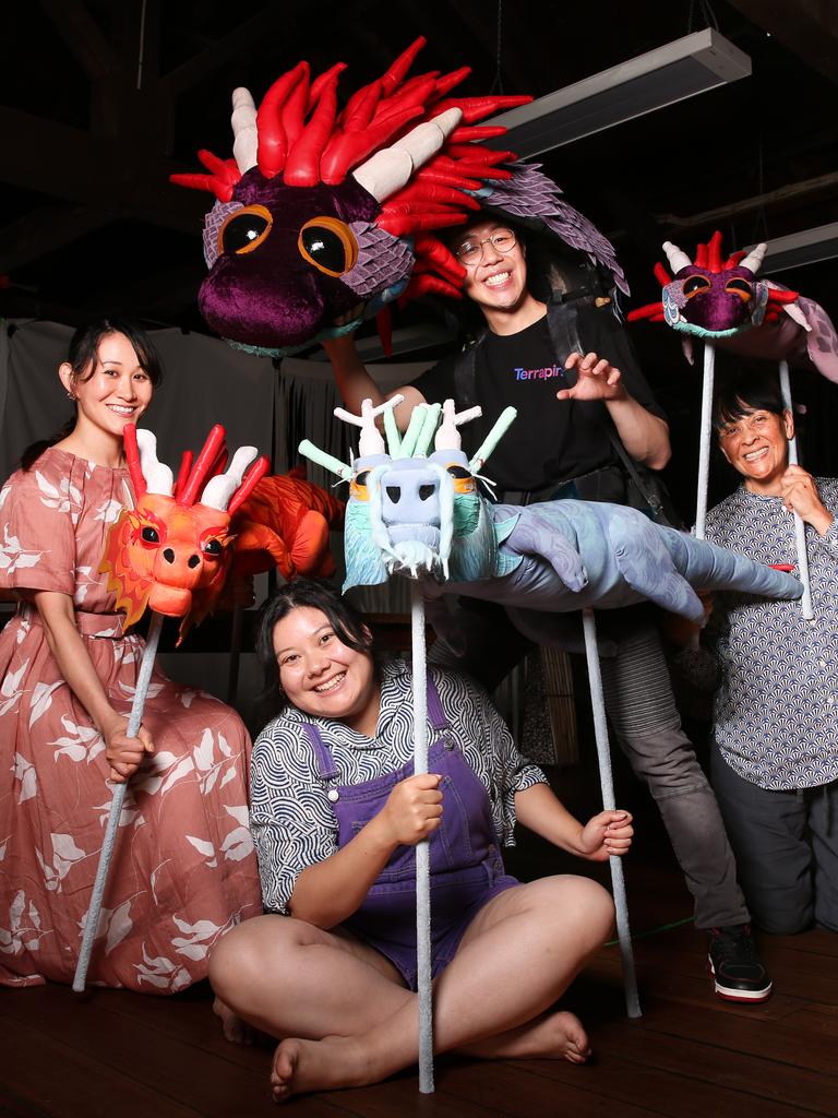 Terrapin puppeteers, Mayu Iwasaki, Juanita Navas-Nguyen, Samuel Lau, and Elaine Anh-Xuan Morel rehearsing for the Story of Chi. Picture: Linda Higginson