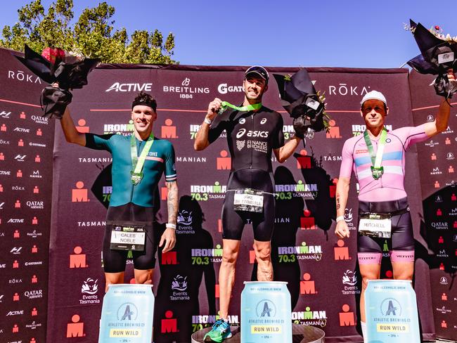 Ironman 70.3 Tasmania menÃ•s podium. L-R 3rd Place, Caleb Noble, Winner Jake Birtwhistle and Mitch Kirby, 2nd. Picture: Linda Higginson