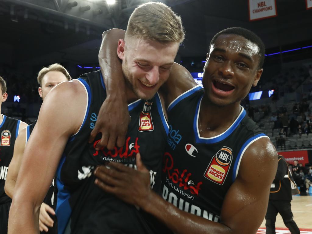 Pure joy as Agada celebrates Jack White’s successful return from a serious Achilles injury. Picture: Getty Images