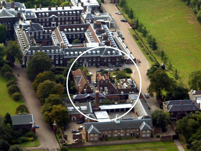 Kensington Palace with Nottingham Cottage circled, where Meghan lived with Harry before their engagement when she visited London. Picture: Getty Images