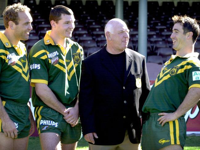 Darrell Bampton with (L-R) Gorden Tallis, Steve Simpson, and Andrew Johns. Picture: Chris Pavlich