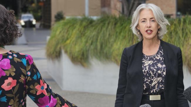 Greens leader Rosalie Woodruff speaks to the media at parliament Square in Hobart on Monday, June 2, 2025.