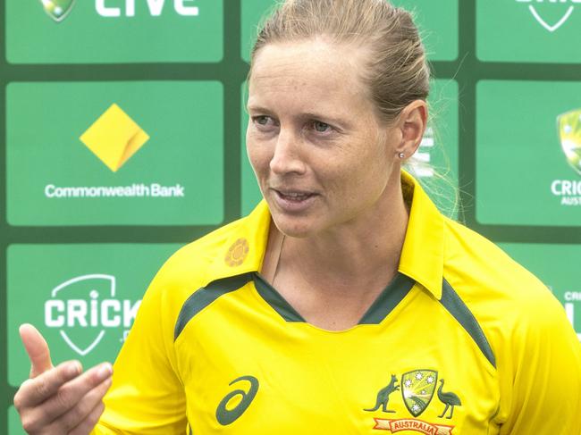 CANBERRA, AUSTRALIA - FEBRUARY 02: Captain of the Australian women's cricket team Meg Lanning speaks during a media opportunity ahead of the ODI leg of the 2022 Women's Ashes Series, at Manuka Oval on February 02, 2022 in Canberra, Australia. (Photo by Mark Evans/Getty Images)