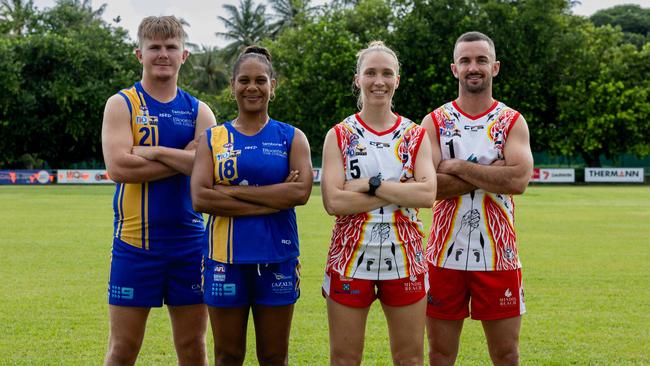 Wanderers players Jeremy Piercy and Tiffany Parriman with Waratah players Brittany Daly and Dylan Collis ahead of the 2024-25 NTFL Foundation Cup in Round 15. Picture: Pema Tamang Pakhrin