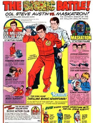 A '70s comic book advertisement for Six Million Dollar Man and Maskatron action figures.