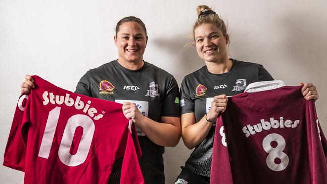 Steph Hancock and Jamie-Lee Lewis are Souths Logan teammates 40 years on from when their fathers, Rohan Hancock and Wally Lewis played State of Origin together. Picture: Mark Cranitch.