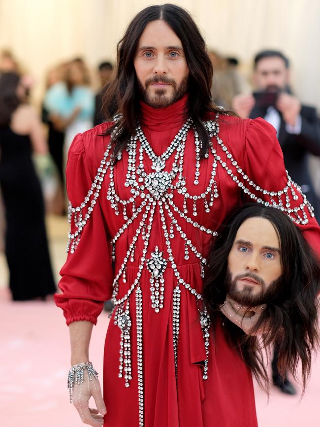 At 2019’s Gala, Jared Leto brought the mannequin head he uses for Zoom meetings to make his boss think he’s still on the call rather than napping. Picture: AFP.