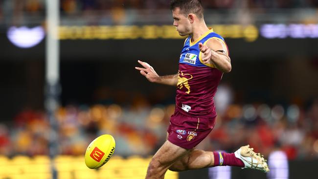 Brandon Starcevich lowered the colours of Izak Rankine. Picture: Chris Hyde/AFL Photos/Getty Images