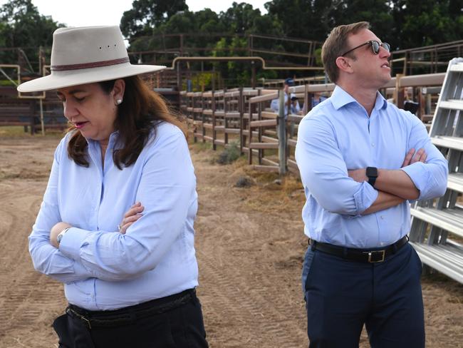 Queensland Premier Annastacia Palaszczuk (left) and Deputy Premier Steven Miles (right) are seen at the Longreach saleyards in the western Queensland town of  Longreach, Tuesday, May 4, 2021. The cabinet of Premier Palaszczuk's Queensland government is meeting in Longreach as part of her tour of regional Queensland. (AAP Image/Darren England) NO ARCHIVING